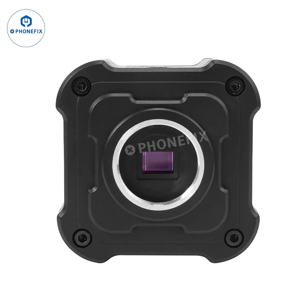 PHONEFIX 4K 14MP industrial microscope camera showing remote control, image, and video capabilities in a close-up view.