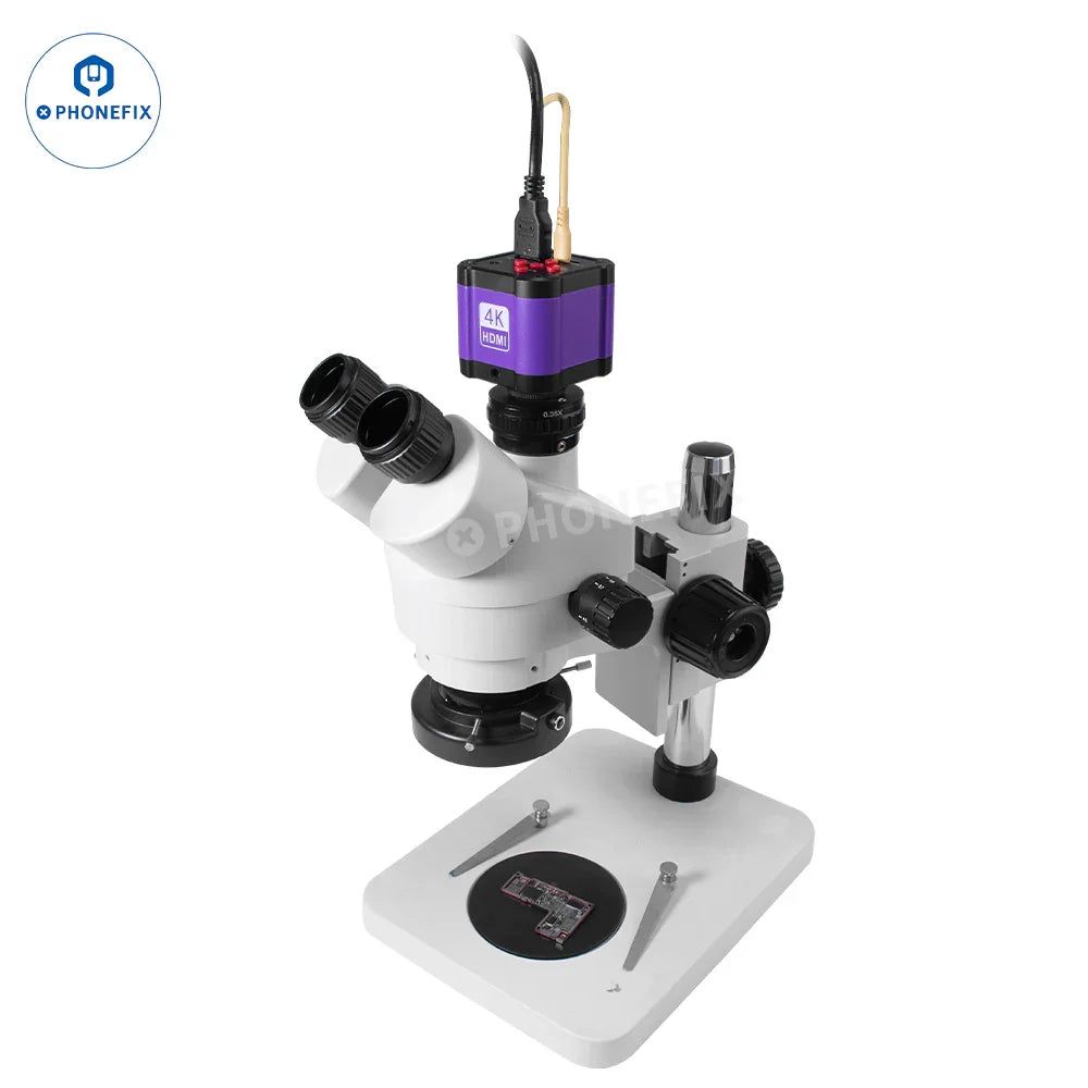 PHONEFIX 4K 14MP industrial microscope camera showing remote control and captured images on display screen.