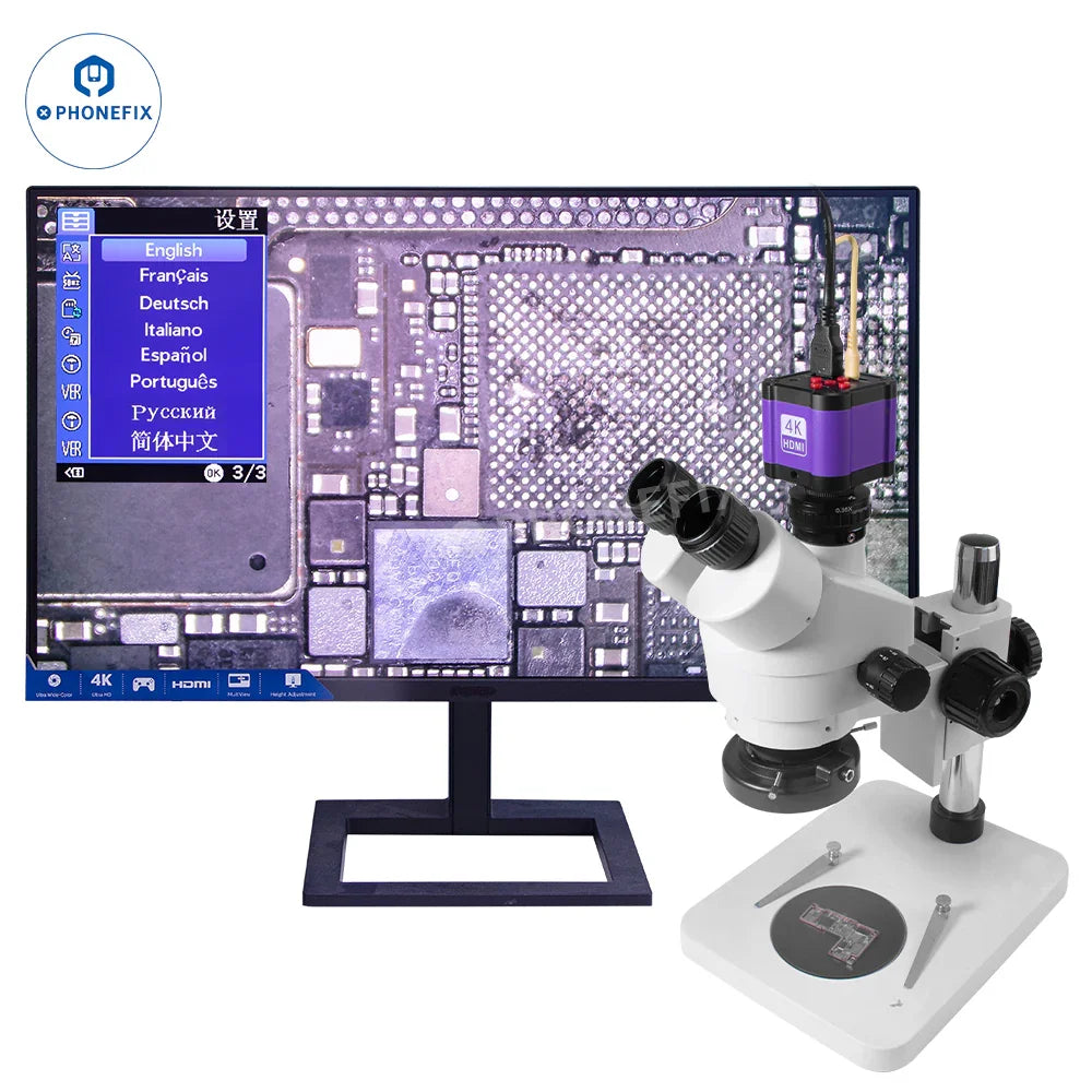 PHONEFIX 4K 14MP industrial microscope camera with remote control, showing detailed image and video capabilities for precision microscopy.