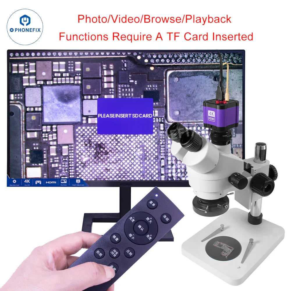 PHONEFIX 4K 14MP industrial microscope camera showing remote control and high-resolution image and video capabilities.