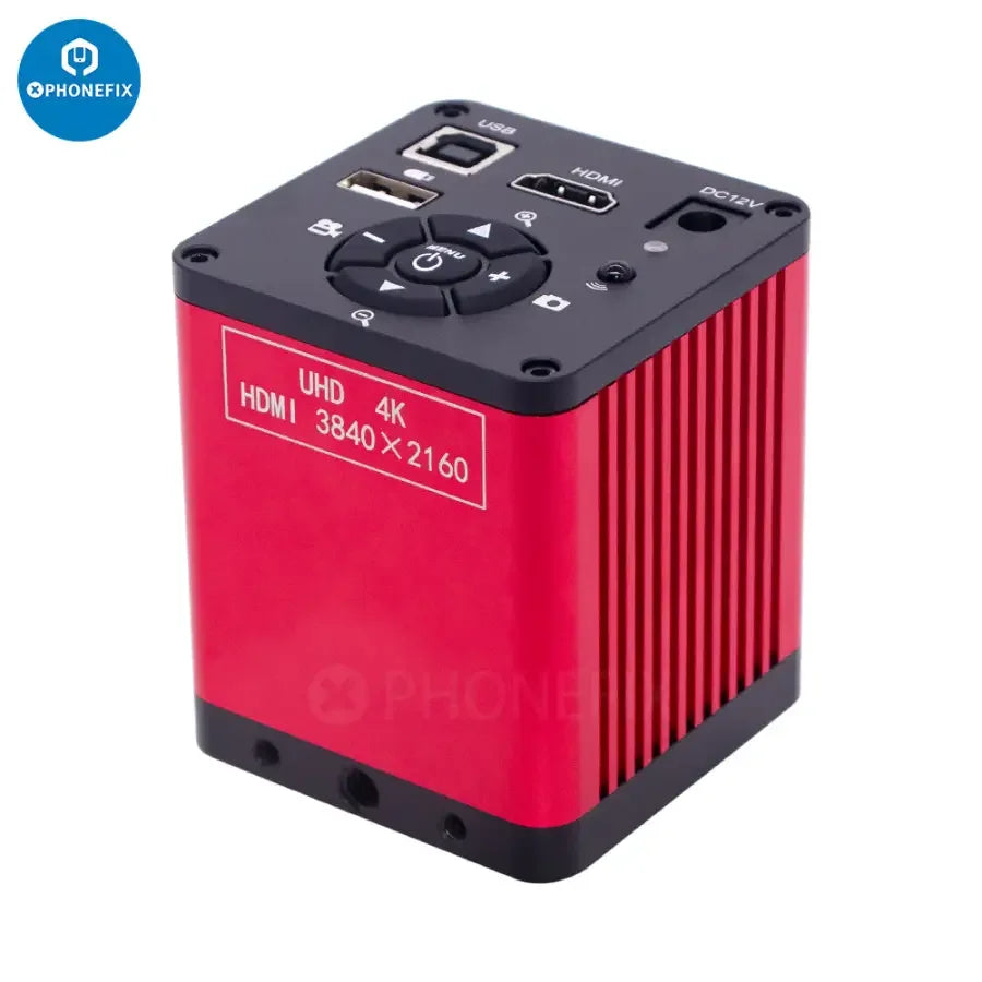 PHONEFIX 48MP 4K HDMI VGA USB 2.0 CS Mount Microscope Camera showing red body and connection ports.
