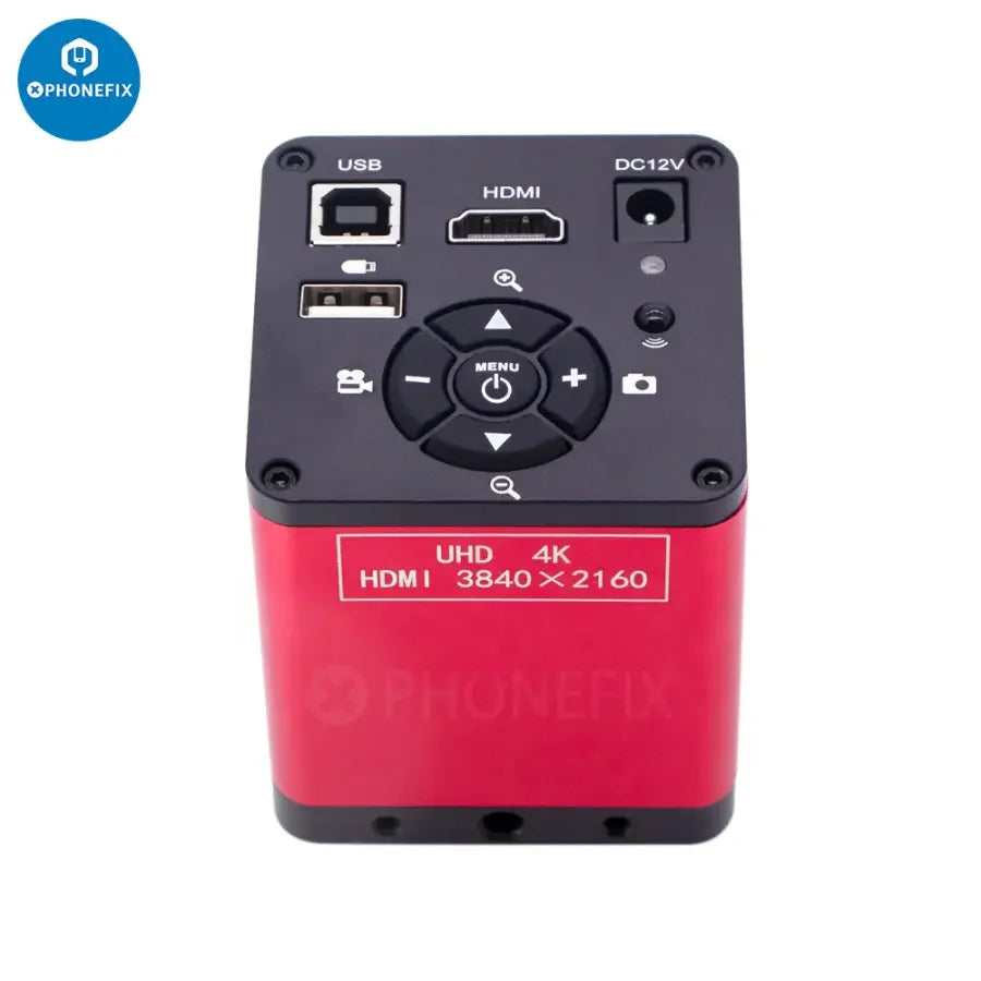 PHONEFIX 48MP 4K microscope camera with HDMI, VGA, USB 2.0, and CS mount for high-resolution microscopy imaging.