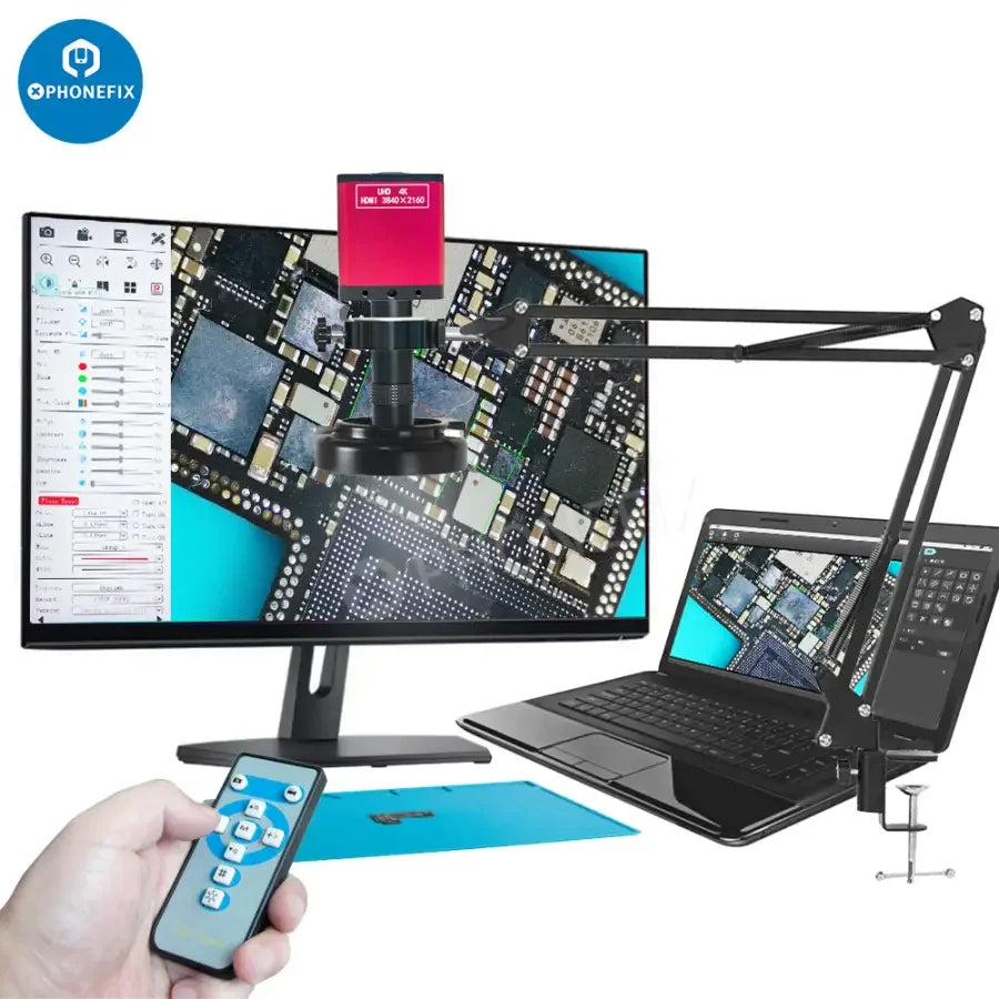 PHONEFIX 48MP 4K HDMI VGA USB 2.0 CS Mount Microscope Camera showing lens and connection ports for detailed microscopy imaging.