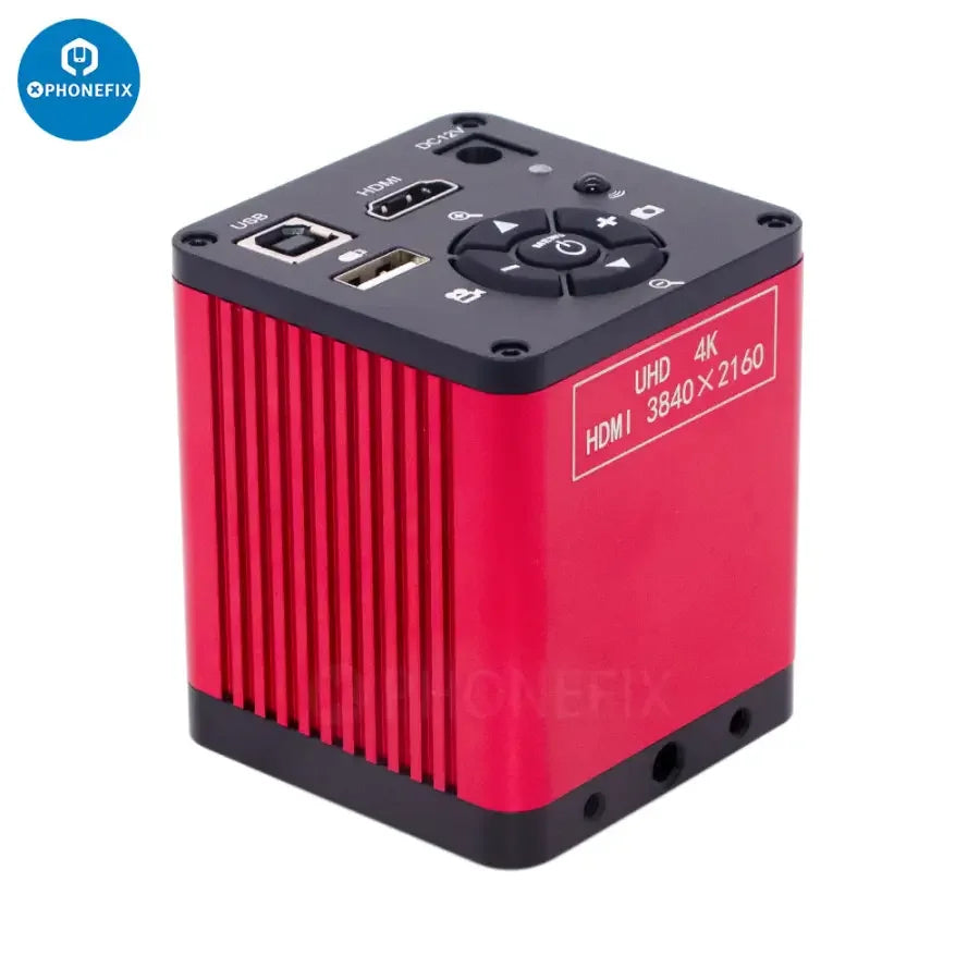 PHONEFIX 48MP 4K HDMI VGA USB 2.0 CS Mount Microscope Camera showing the compact device with multiple connection ports.