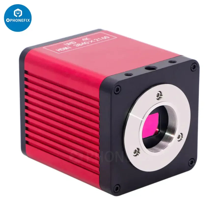 PHONEFIX 48MP 4K HDMI VGA USB 2.0 CS Mount Microscope Camera showing connection ports and compact design for detailed imaging