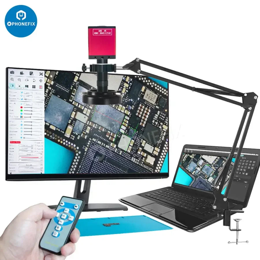 PHONEFIX 48MP 4K HDMI VGA USB 2.0 CS Mount Microscope Camera showing connection ports and compact design