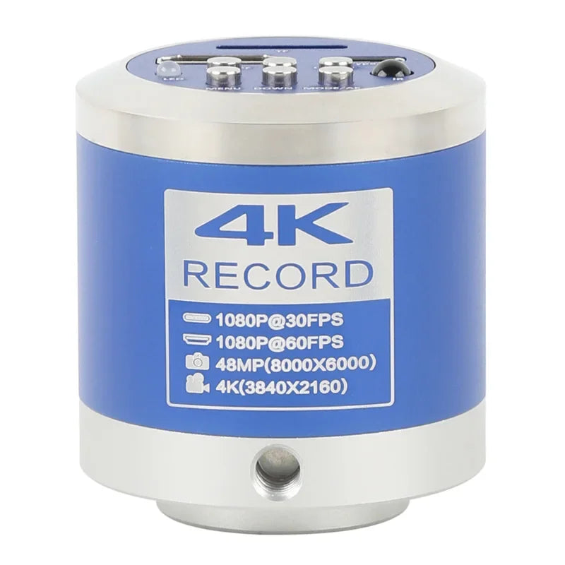 PHONEFIX 48MP 4K HDMI VGA USB 2.0 CS mount microscope camera showing connection ports and compact design for detailed microscopy imaging