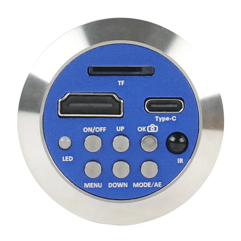 PHONEFIX 48MP 4K microscope camera with HDMI, VGA, USB 2.0, and CS mount for high-resolution microscopic imaging.