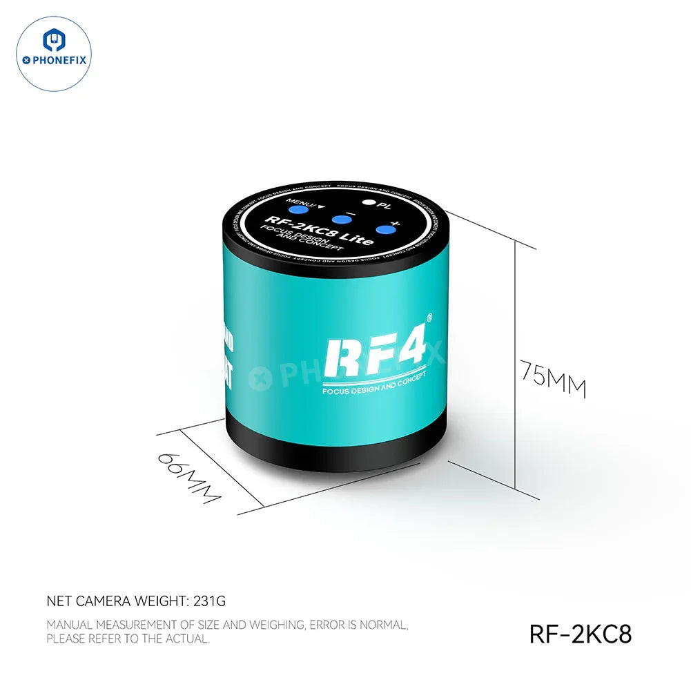 PHONEFIX RF4 Microscope Camera with 2K 4K Ultra HD resolution for mobile phone repair, showing the camera lens and adjustable focus.
