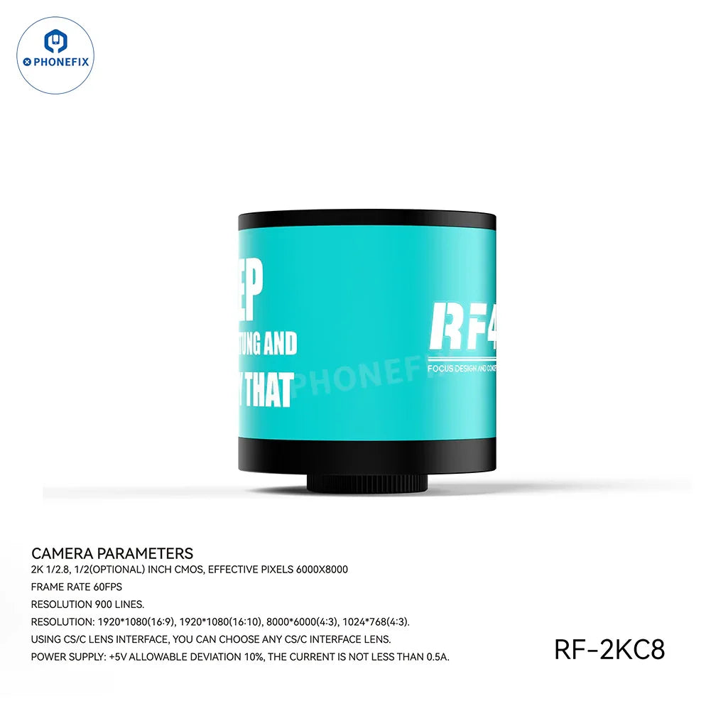 PHONEFIX RF4 Microscope 2K 4K Ultra HD camera for mobile phone repair, shown attached to a smartphone with focus and zoom features.