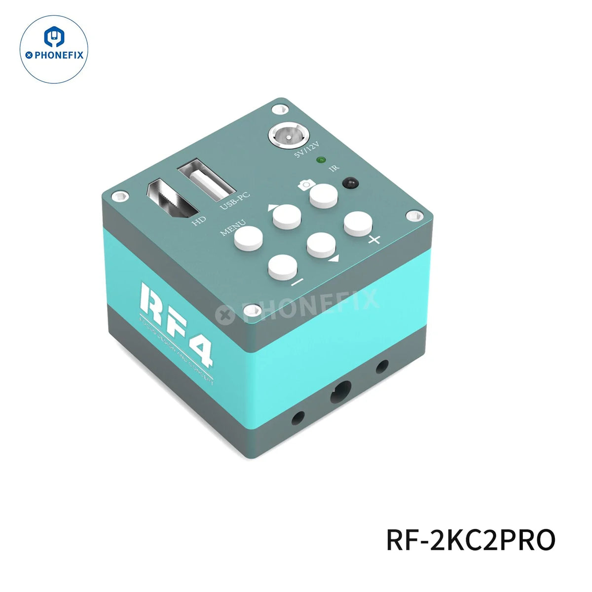 PHONEFIX RF4 Microscope 2K 4K Ultra HD camera for mobile phone repair, showing the compact microscope camera attached to a mobile device.