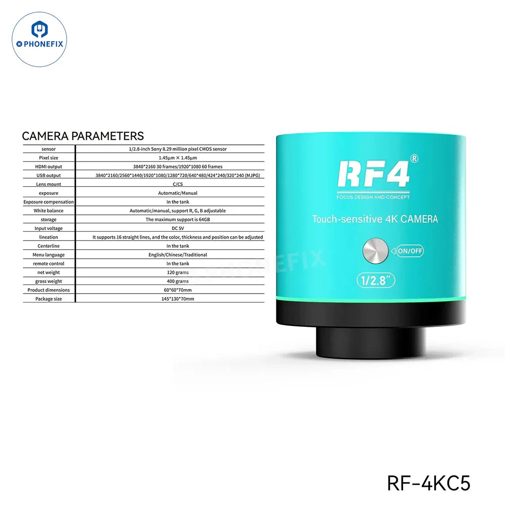 PHONEFIX RF4 Microscope 2K 4K Ultra HD camera for mobile phone repair, shown mounted on a mobile device with detailed lens and setup