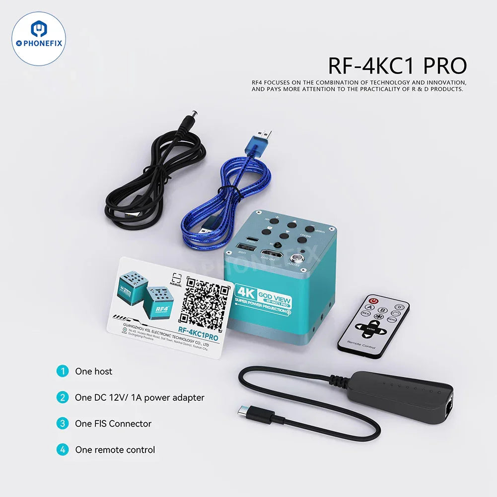 PHONEFIX RF4 Microscope 2K 4K Ultra HD camera for mobile phone repair, showing detailed microscope lens and camera setup.