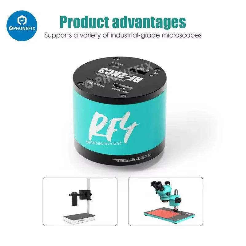 PHONEFIX RF4 Microscope 2K 4K Ultra HD camera for mobile phone repair, showing detailed view of tiny components on a repair surface.