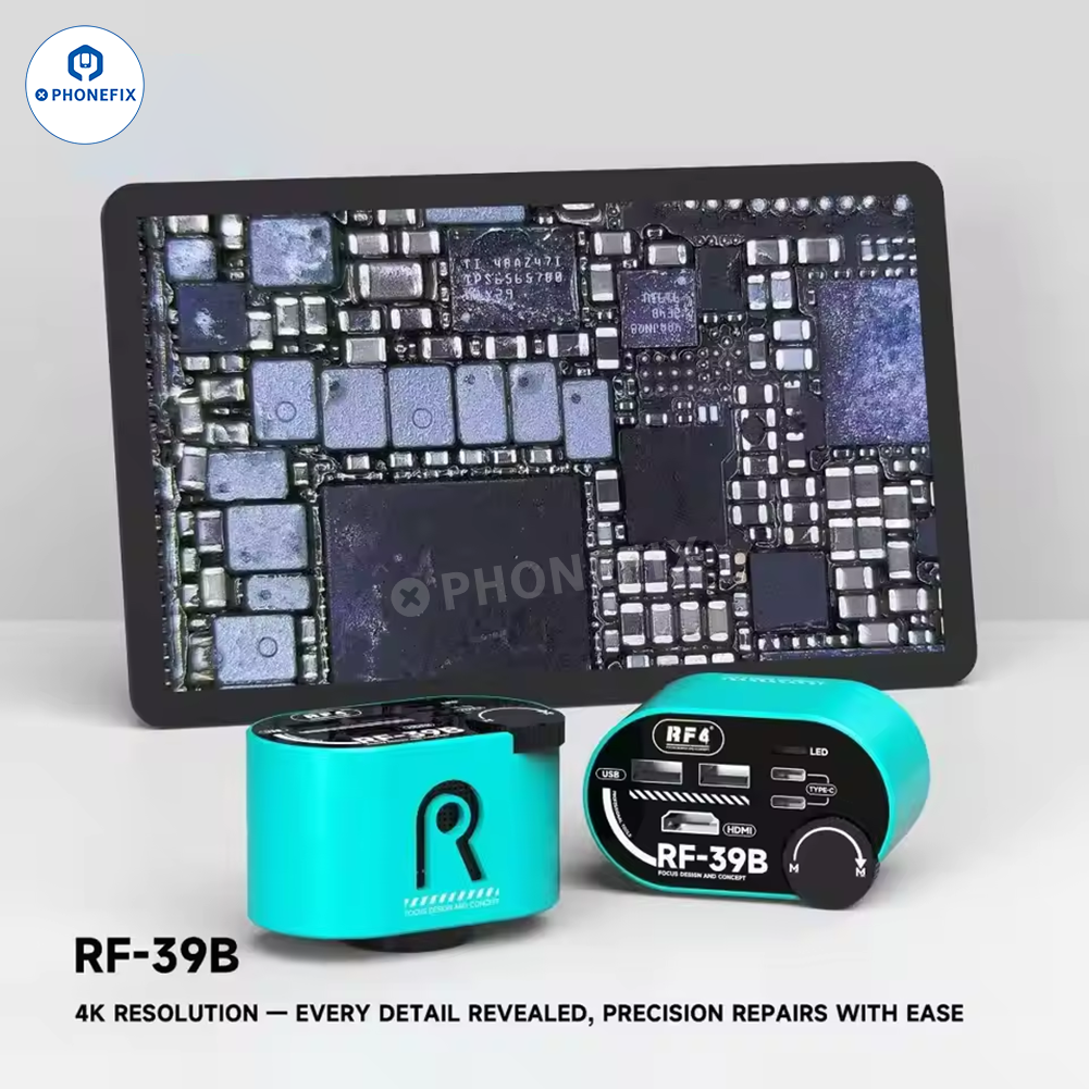 PHONEFIX RF4 Microscope 2K 4K Ultra HD camera for mobile phone repair, showing detailed view of electronic components.