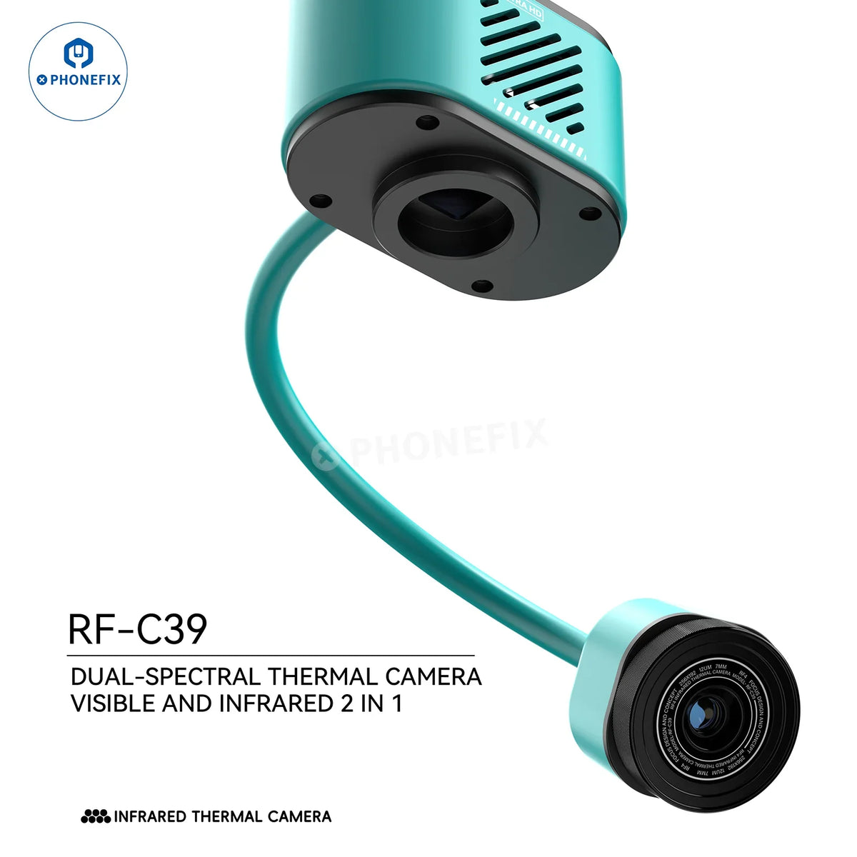 RF4 RF-C39 4K infrared dual-spectral thermal microscope camera by PHONEFIX, showing front view with dual lenses and control buttons.