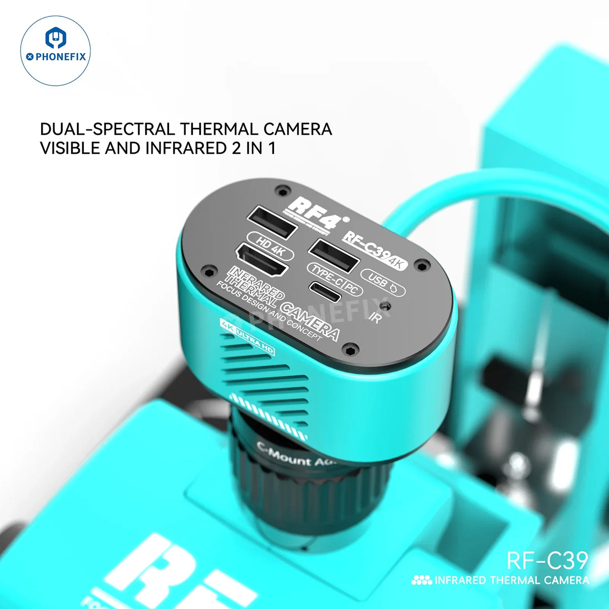 RF4 RF-C39 4K infrared dual-spectral thermal microscope camera by PHONEFIX showing thermal and infrared imaging capabilities.