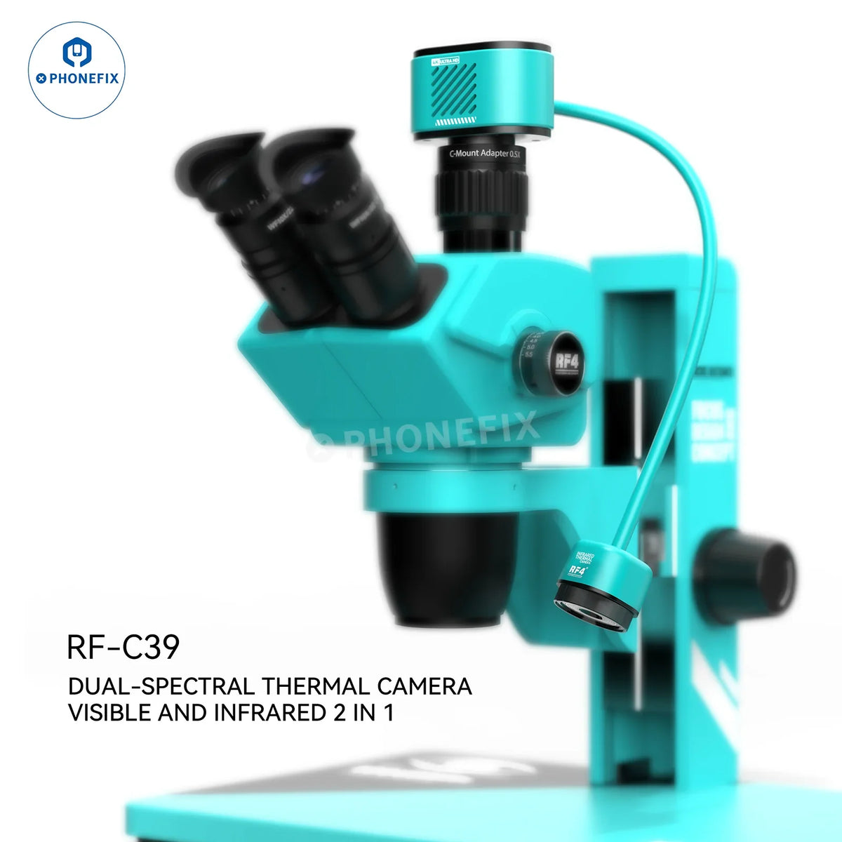 RF4 RF-C39 4K camera infrared dual-spectral thermal imager mounted on a microscope, showcasing detailed optical components.