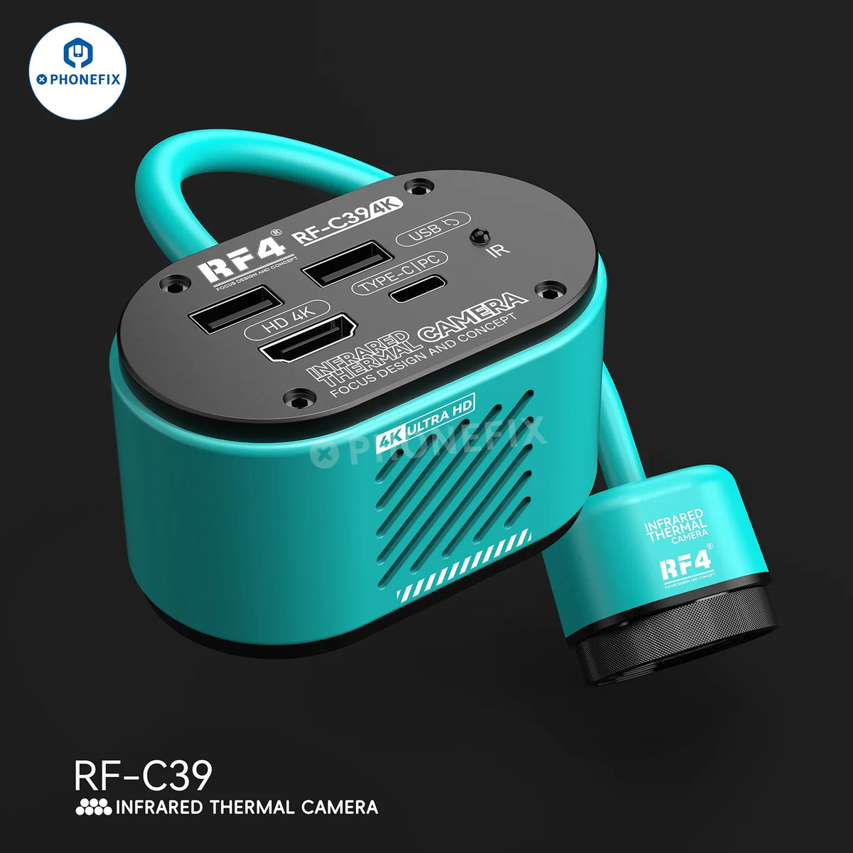 RF4 RF-C39 4K camera microscope with infrared dual-spectral thermal imaging, featuring a compact design and high-resolution optics.