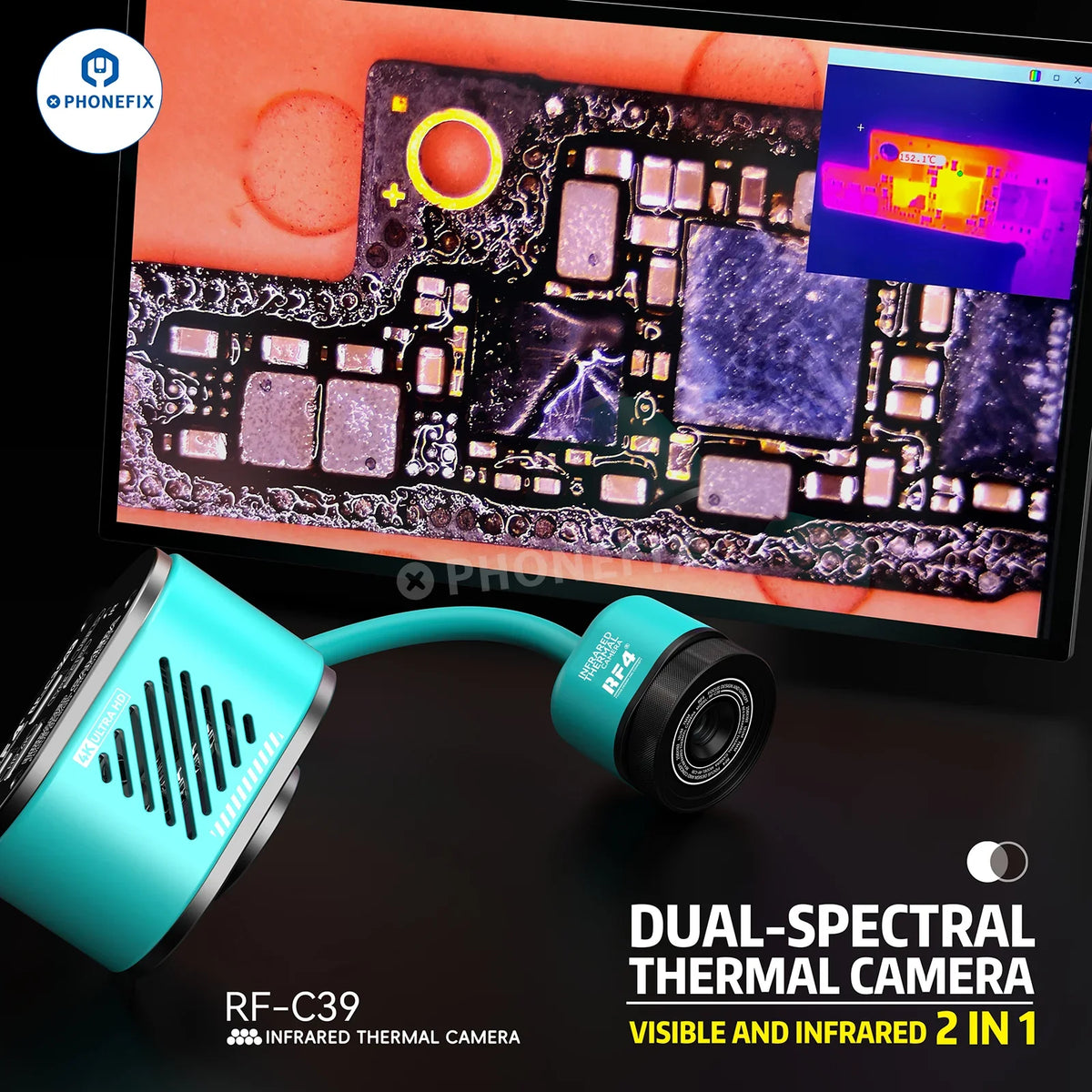 RF4 RF-C39 4K infrared dual-spectral thermal microscope camera by PHONEFIX showing dual-lens setup and thermal imaging display
