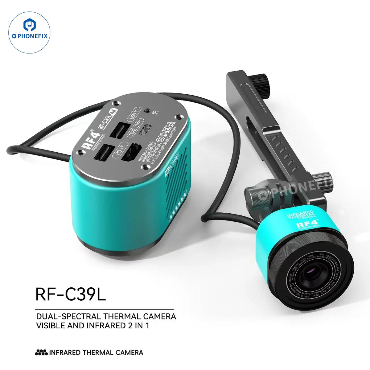 RF4 RF-C39 4K camera with infrared dual-spectral thermal imaging for microscopes, showcasing the compact microscope camera by PHONEFIX.
