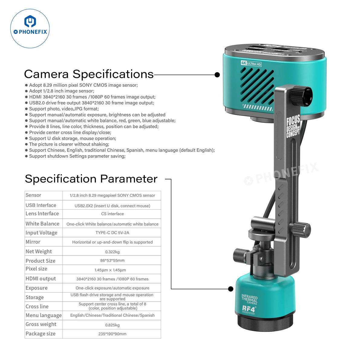 RF4 RF-C39 4K microscope camera with infrared dual-spectral thermal imaging, featuring 2-in-1 design from PHONEFIX.