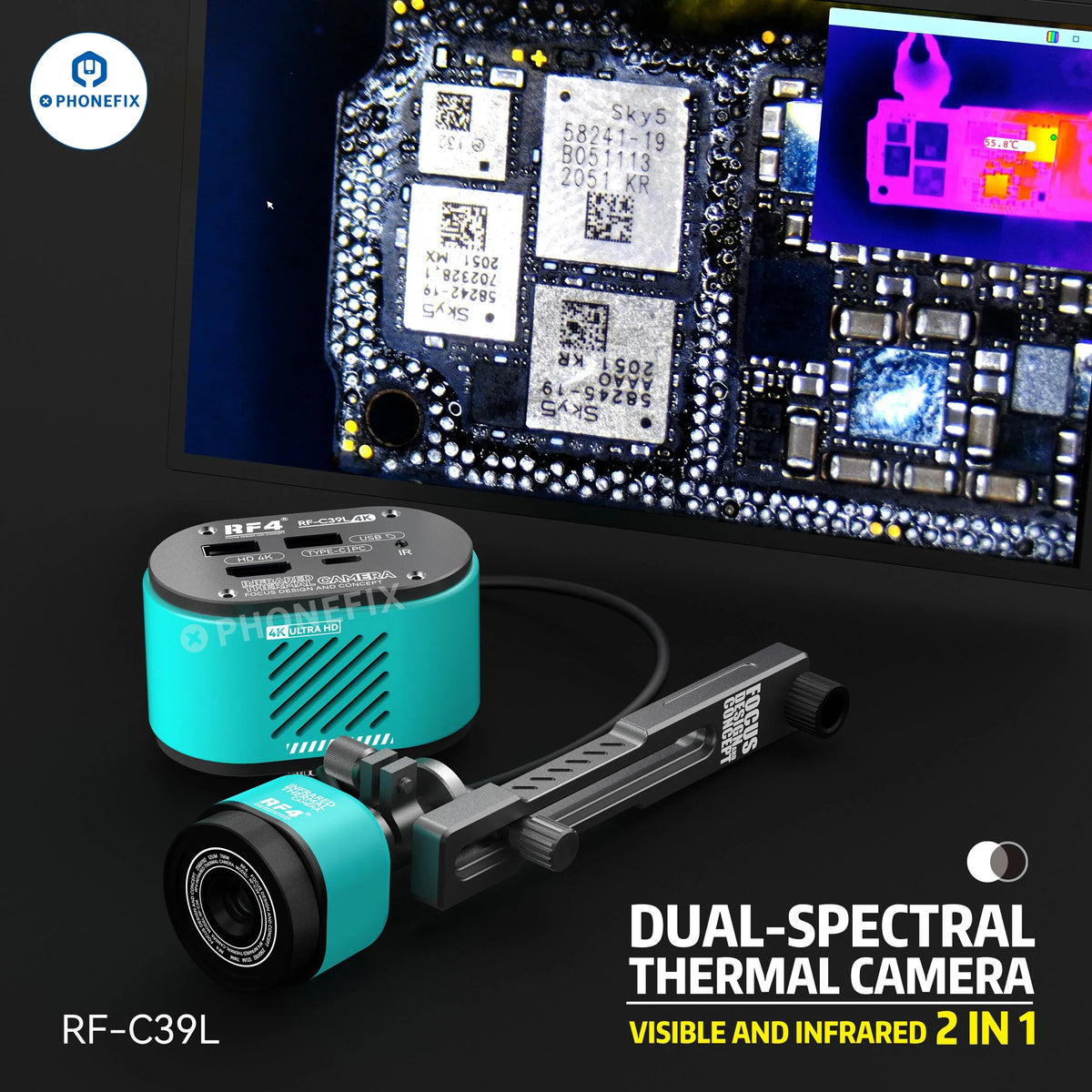 RF4 RF-C39 4K camera infrared dual-spectral thermal microscope camera by PHONEFIX, showing the compact device with lens and controls.