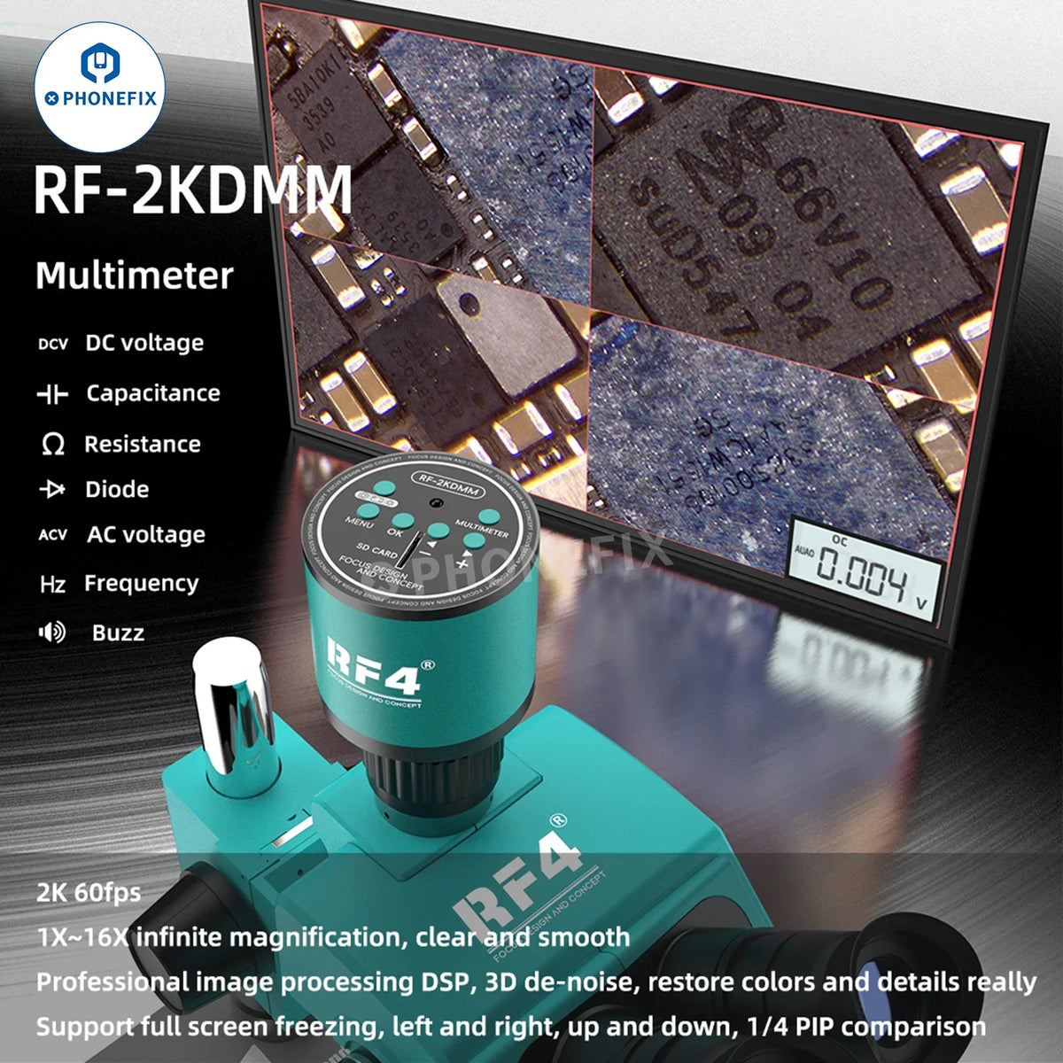 PhoneFix RF4 RF-2KDMM Microscope Camera Ultra HD with multimeter pen connected to a microscope setup, close-up view of device and display