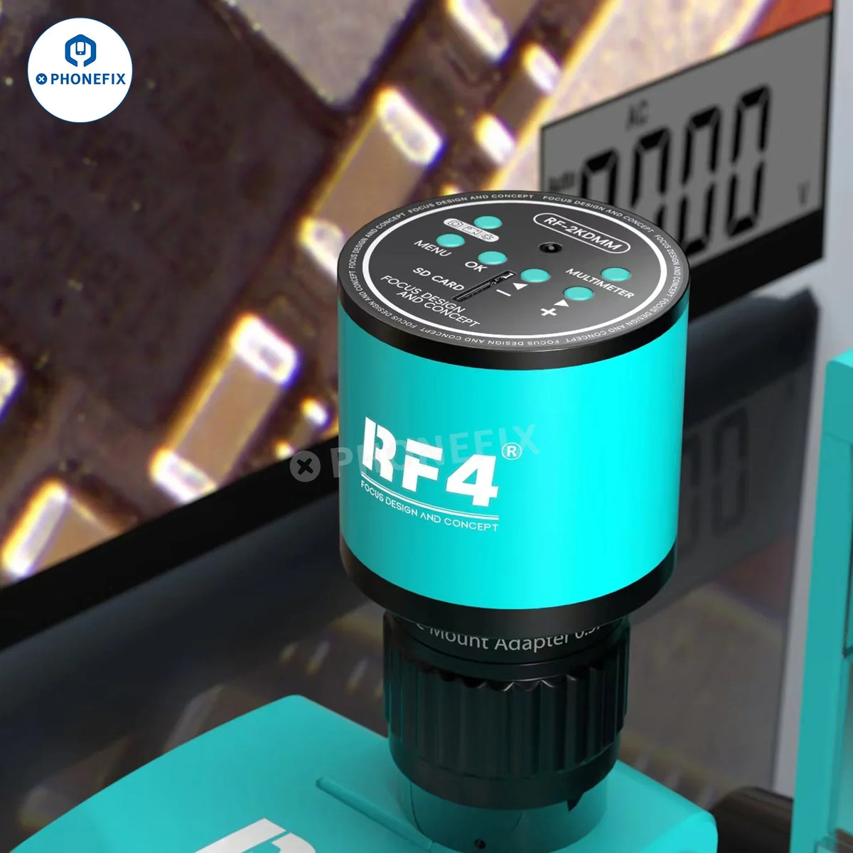 PHONEFIX RF4 RF-2KDMM Microscope Camera Ultra HD with multimeter pen, showing the camera connected to a microscope setup.