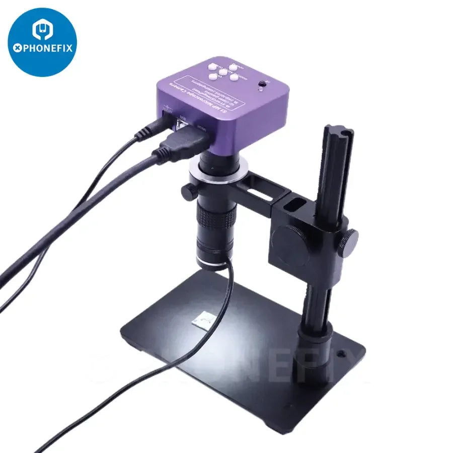 PHONEFIX 4K 51MP industrial microscope camera with 130x lens and 16 LED lights for detailed imaging and inspection.