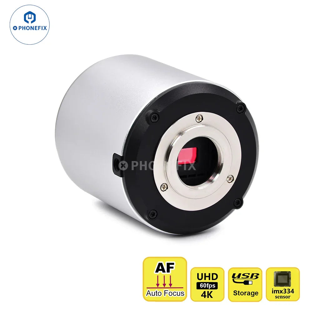 PHONEFIX 4K autofocus microscope camera with Sony CMOS sensor, compact design, and detailed imaging for microscopy applications.
