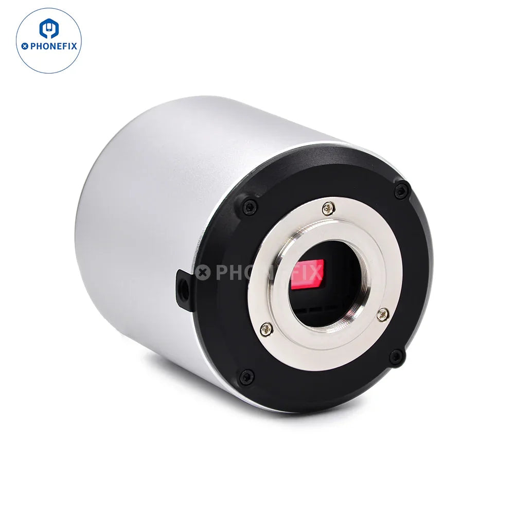 PHONEFIX 4K autofocus microscope camera with Sony CMOS sensor, showing close-up view of microscope eyepiece and camera attachment