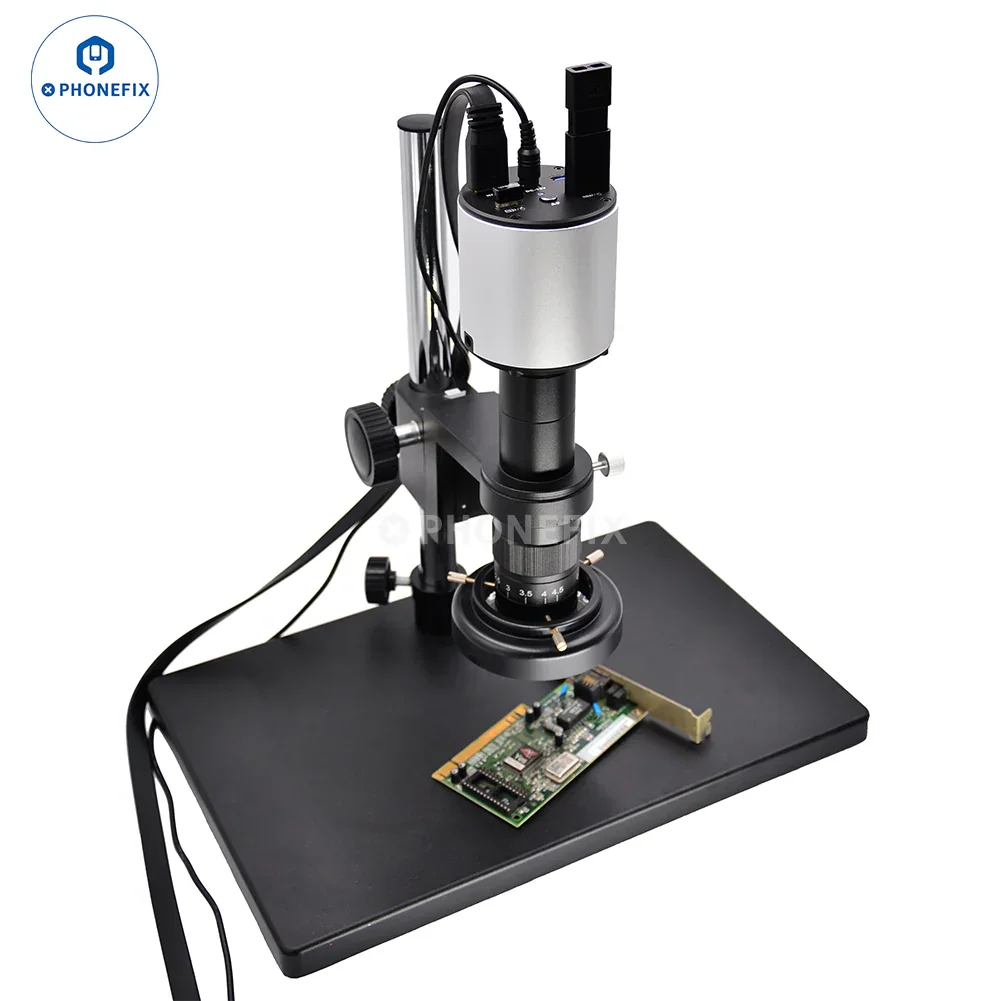 PHONEFIX 4K autofocus microscope camera with Sony CMOS sensor showing close-up view of specimen and camera details.