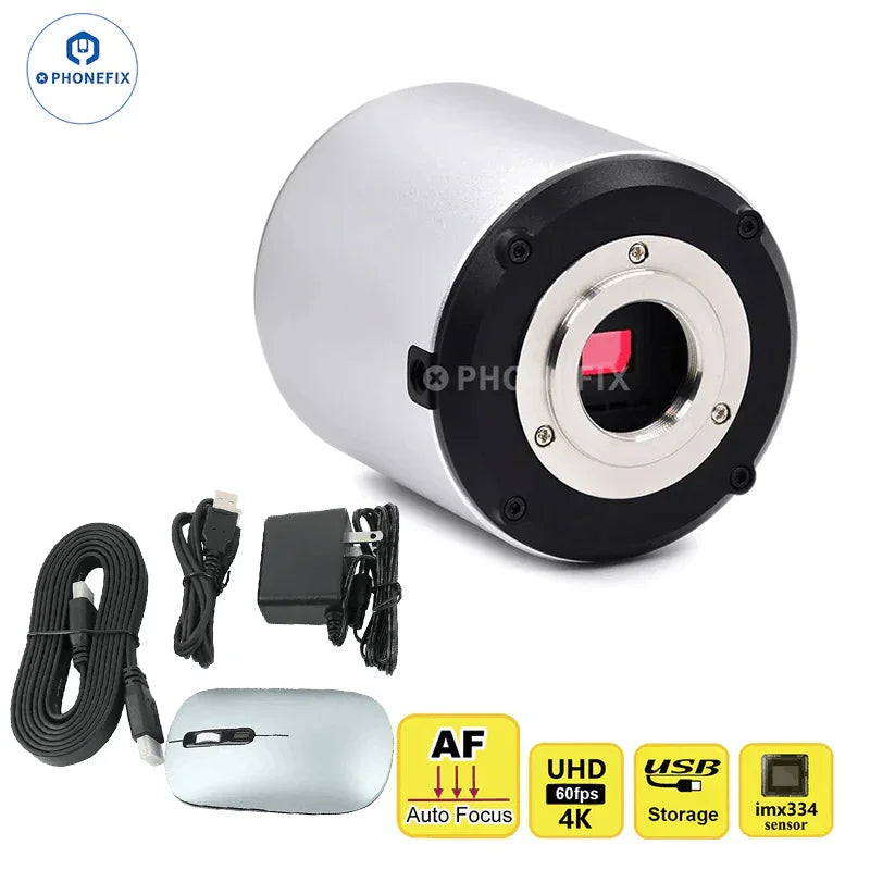 PHONEFIX 4K autofocus microscope camera with ultra-high Sony CMOS sensor, detailed view of microscope imaging device.
