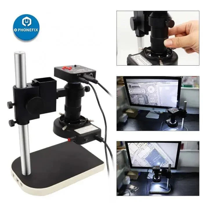 PHONEFIX 38MP HDMI microscope camera for phone soldering and repair, showing close-up view of electronic components.
