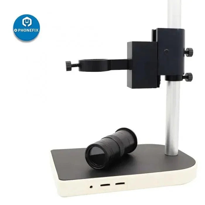 Cámara de microscopio HDMI de 38 MP para reparación de soldadura de teléfonos de PHONEFIX, que muestra el dispositivo conectado a un microscopio para una inspección detallada.
