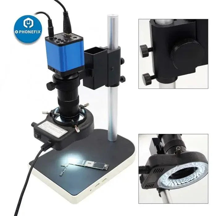 Cámara de microscopio HDMI de alta resolución de 38 MP de PHONEFIX para soldadura y reparación de teléfonos, mostrada conectada a un dispositivo.