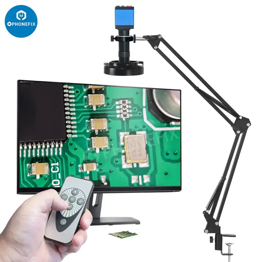 PHONEFIX 13MP industrial microscope camera set with VGA, HDMI, USB connections and 130X lens for detailed magnified viewing.