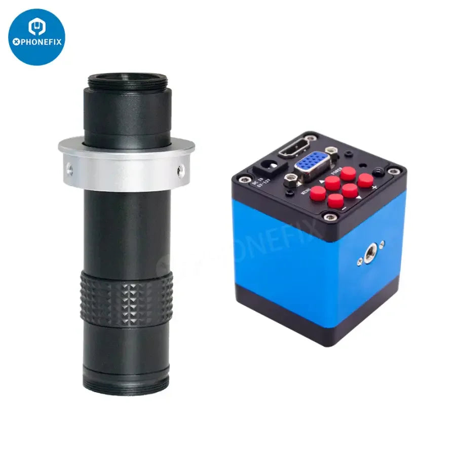 PHONEFIX 13MP industrial microscope camera set with HDMI, VGA, USB outputs and 130x lens for detailed microscopic imaging.