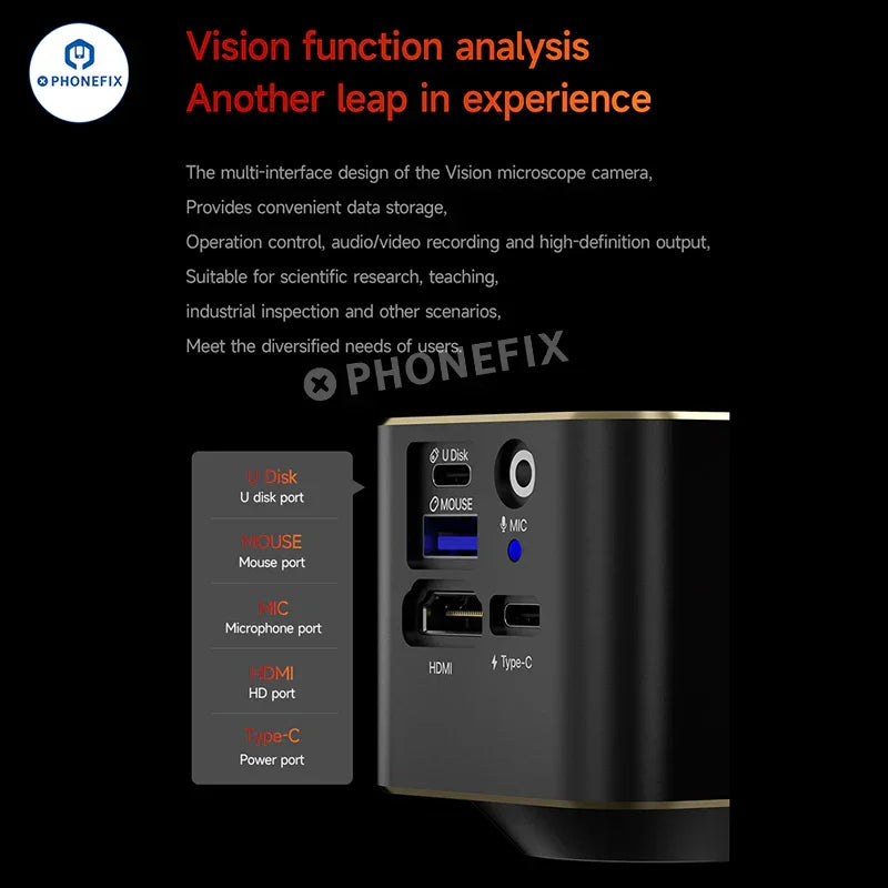 PhoneFix MECHANIC HD Vision 2K 4K industrial microscope camera showing close-up view of microscope lens and camera interface.