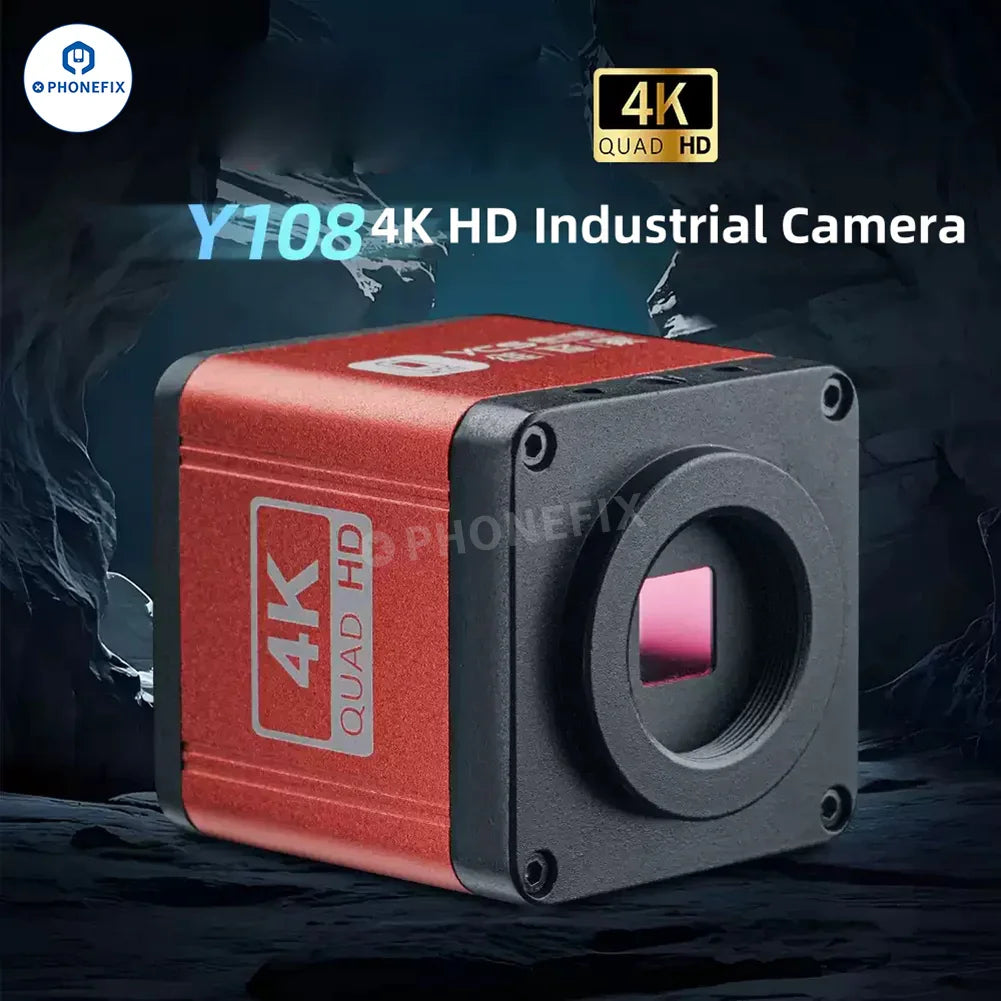 Microscopio PHONEFIX YCS X80 con cámara 4K para reparación de teléfonos móviles, que muestra la cámara de microscopio compacta con enfoque e iluminación ajustables.