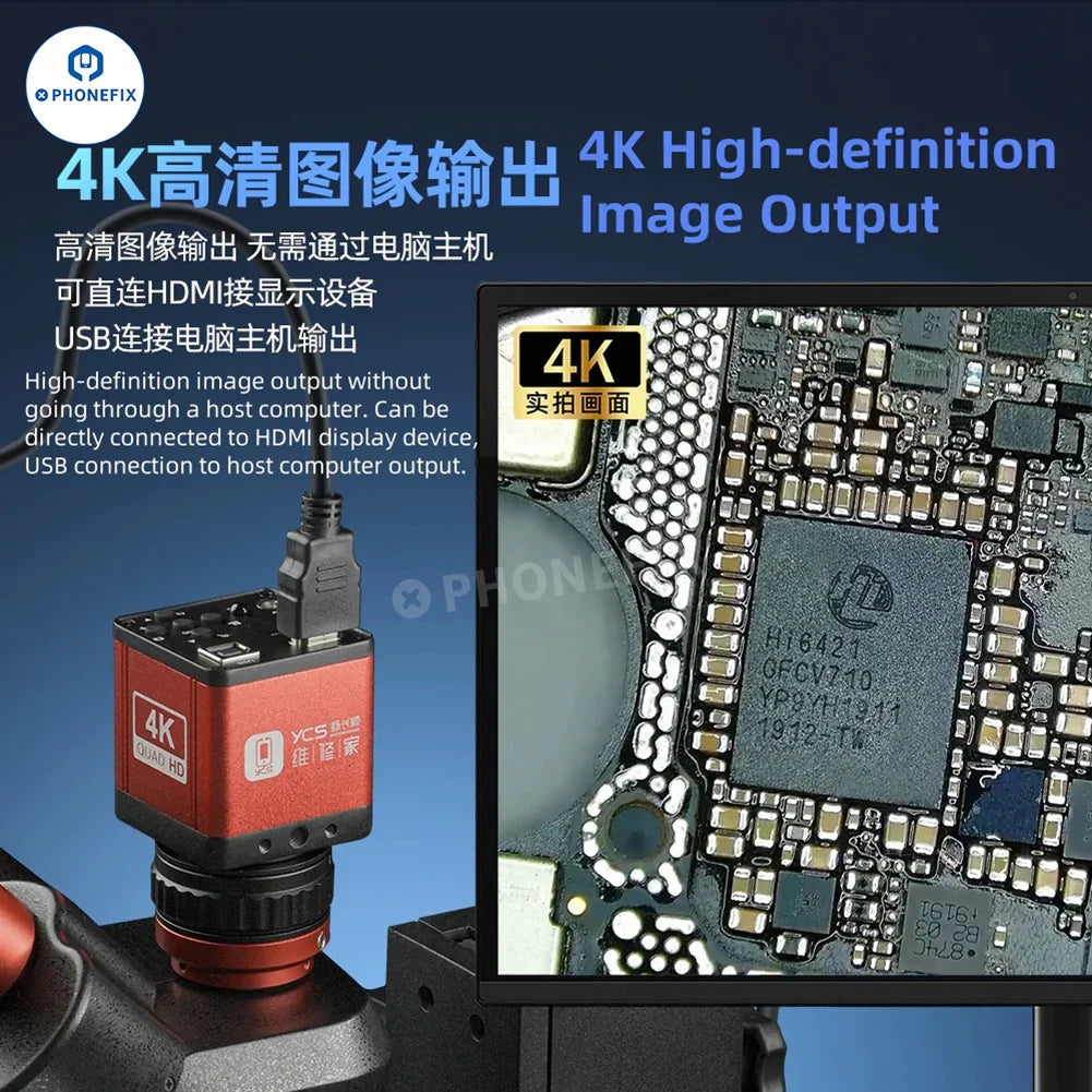 Microscopio PHONEFIX YCS X80 con cámara 4K para reparación de teléfonos móviles, vista en primer plano de la lente del microscopio y la interfaz de la cámara.