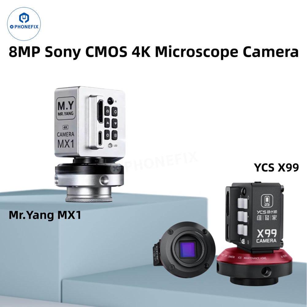 PHONEFIX YCS X99 M.Y MX1 8MP 4K microscope camera for phone PCB repair, showing detailed close-up of camera lens and mounting.