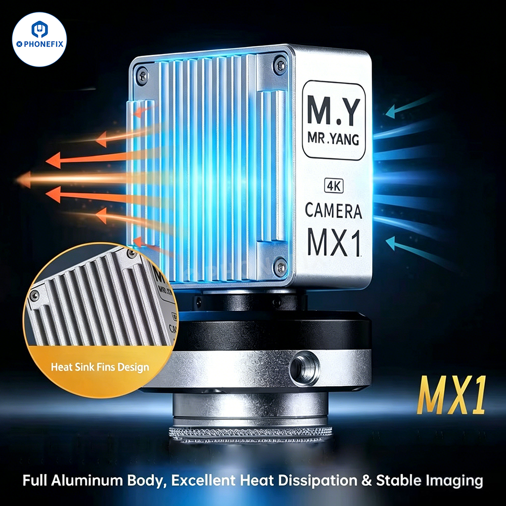 PHONEFIX YCS X99 M.Y MX1 8MP 4K microscope camera for phone PCB repair, showing detailed close-up of camera lens and mounting.