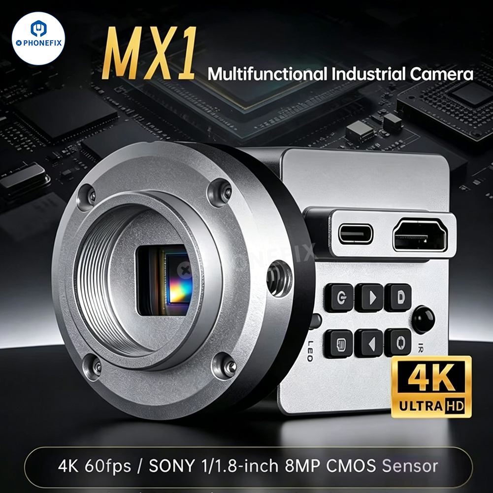 PHONEFIX YCS X99 M.Y MX1 8MP 4K microscope camera for phone PCB repair, showing the compact device with lens and controls.