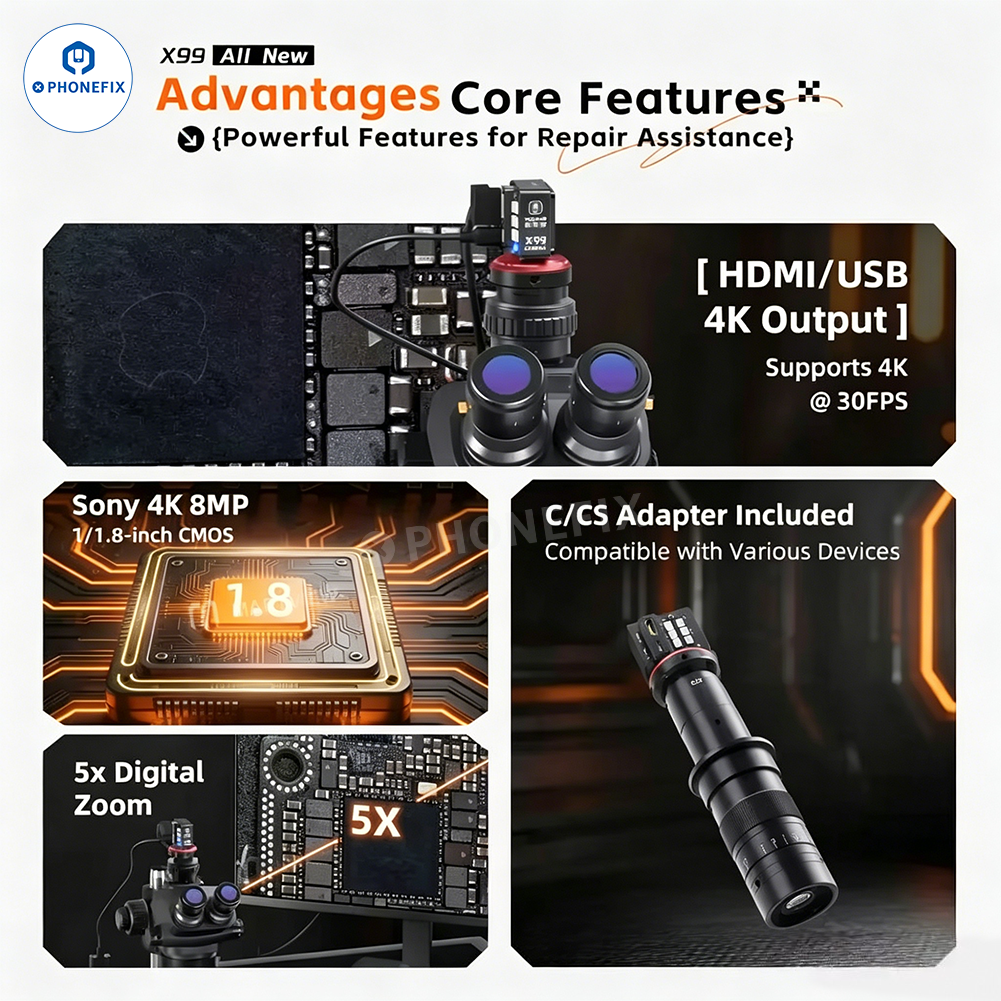 PHONEFIX YCS X99 M.Y MX1 8MP 4K microscope camera for phone PCB repair, showing detailed view of circuit board under magnification.