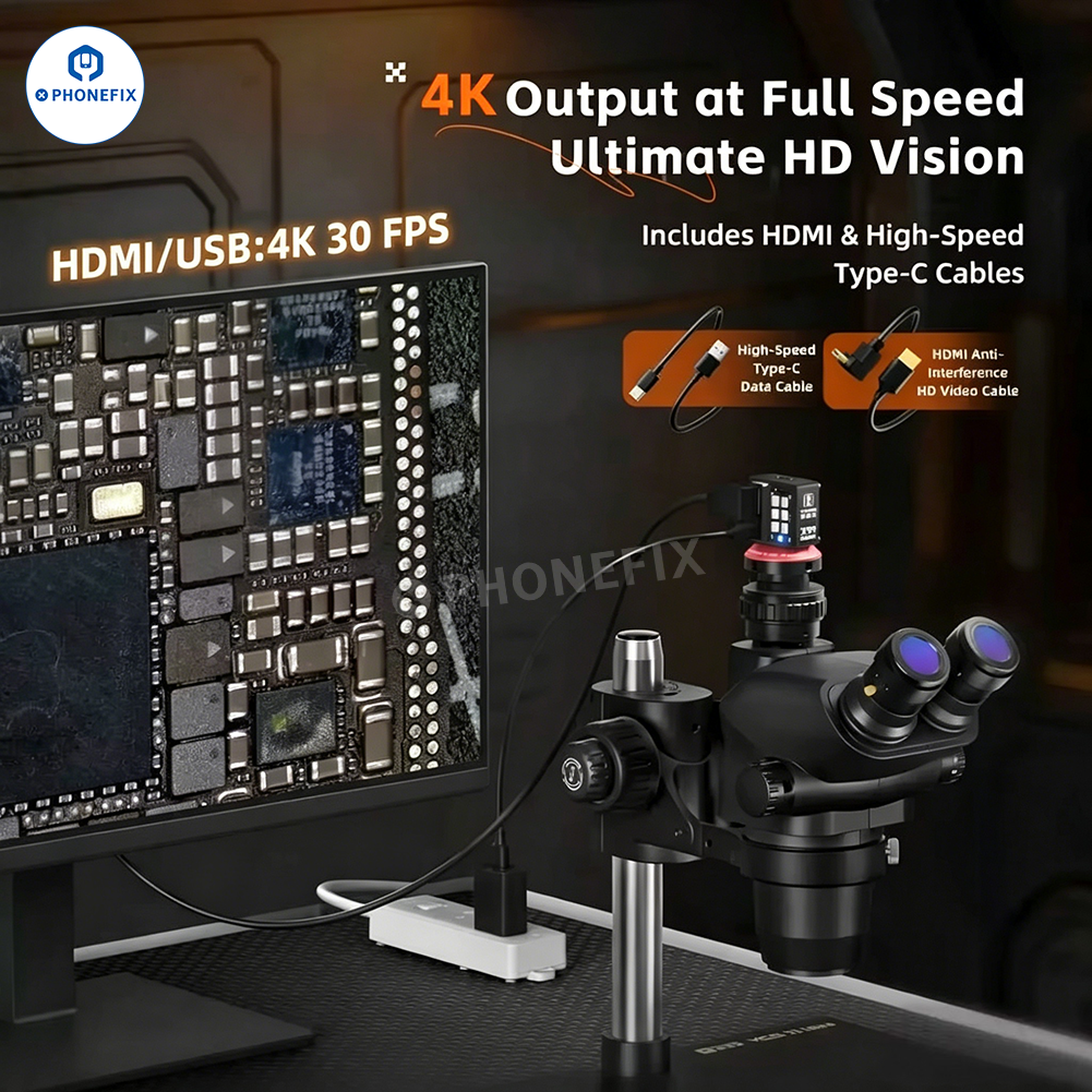 PHONEFIX YCS X99 M.Y MX1 8MP 4K microscope camera for phone PCB repair, showing detailed view of circuit board through the camera lens.