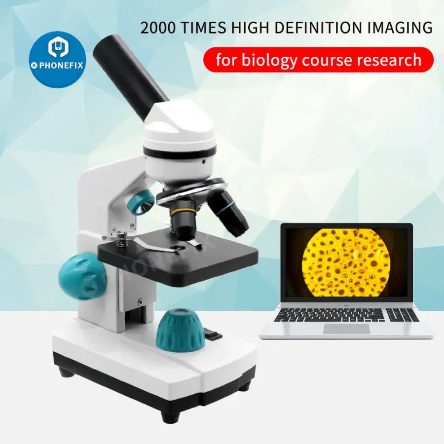 PHONEFIX 2000X biological monocular microscope for student labs, educational toy with adjustable focus and viewing eyepiece.