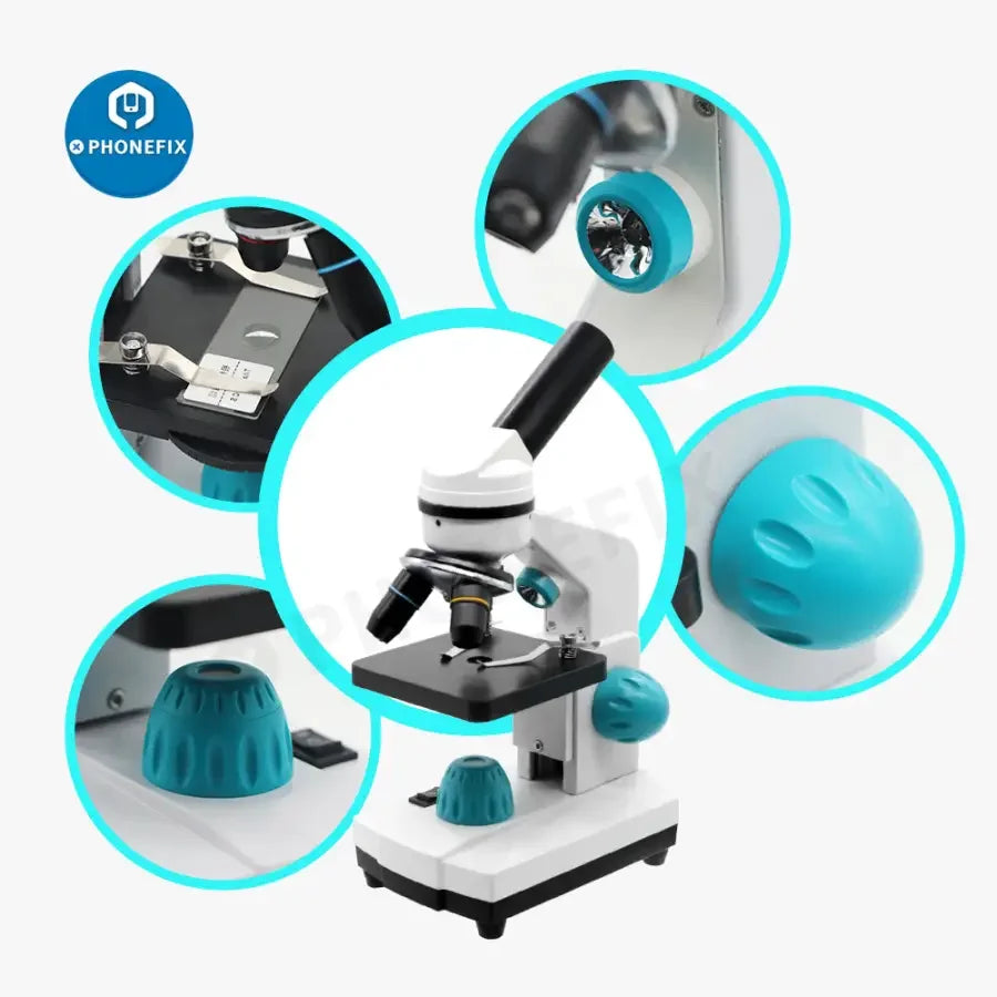 PHONEFIX 2000X biological monocular microscope for student labs, educational toy with adjustable focus and light source.