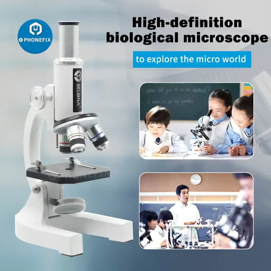 Microscope biologique monoculaire PHONEFIX 40X-640X pour enfants et étudiants, avec oculaire et mise au point réglable.
